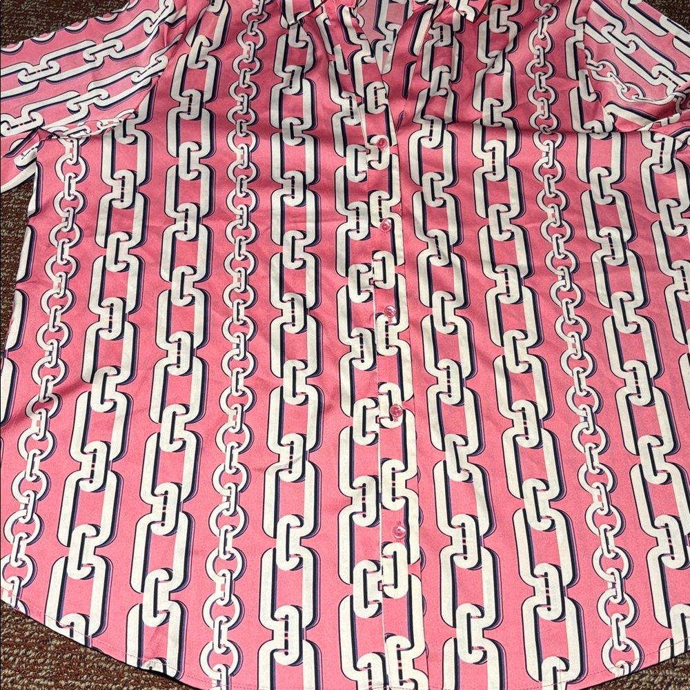 Maison d’ Amélie button down blouse pink Cuban chain link silky v veck - Picture 9 of 15